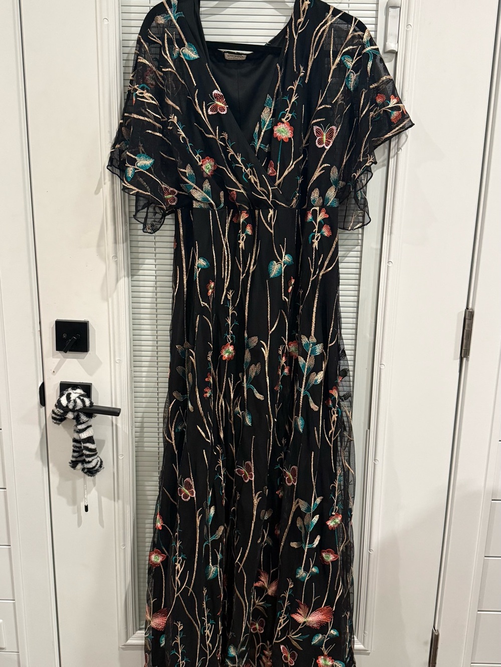 Kiyonna Black Maxi Dress with Teal & Pink Embroidery